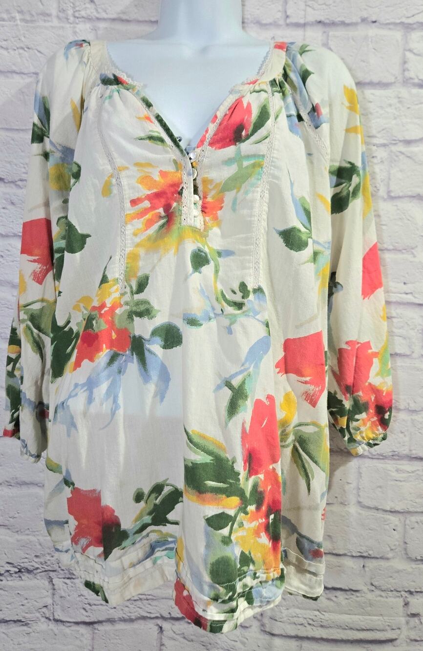 INTRO White Multicolor Floral Print Boho Top XL Lightweight